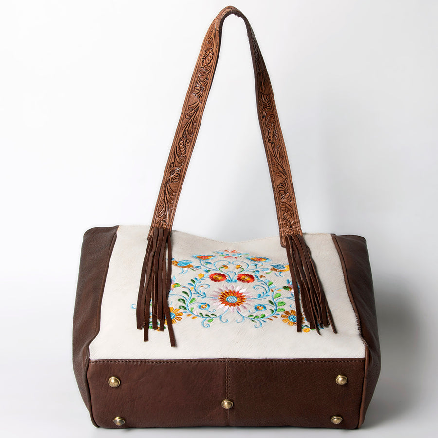 American Darling Tote Bag Hair-On Cowhide Vegetable-Tanned Genuine Leather Embroidery Hand Tooled Fringes