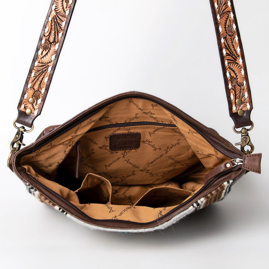 American Darling Large Cross body Bag Hand Woven Saddle Blanket Vegetable-Tanned Genuine Leather Floral Carved Buck Stitched Turquoise Concho