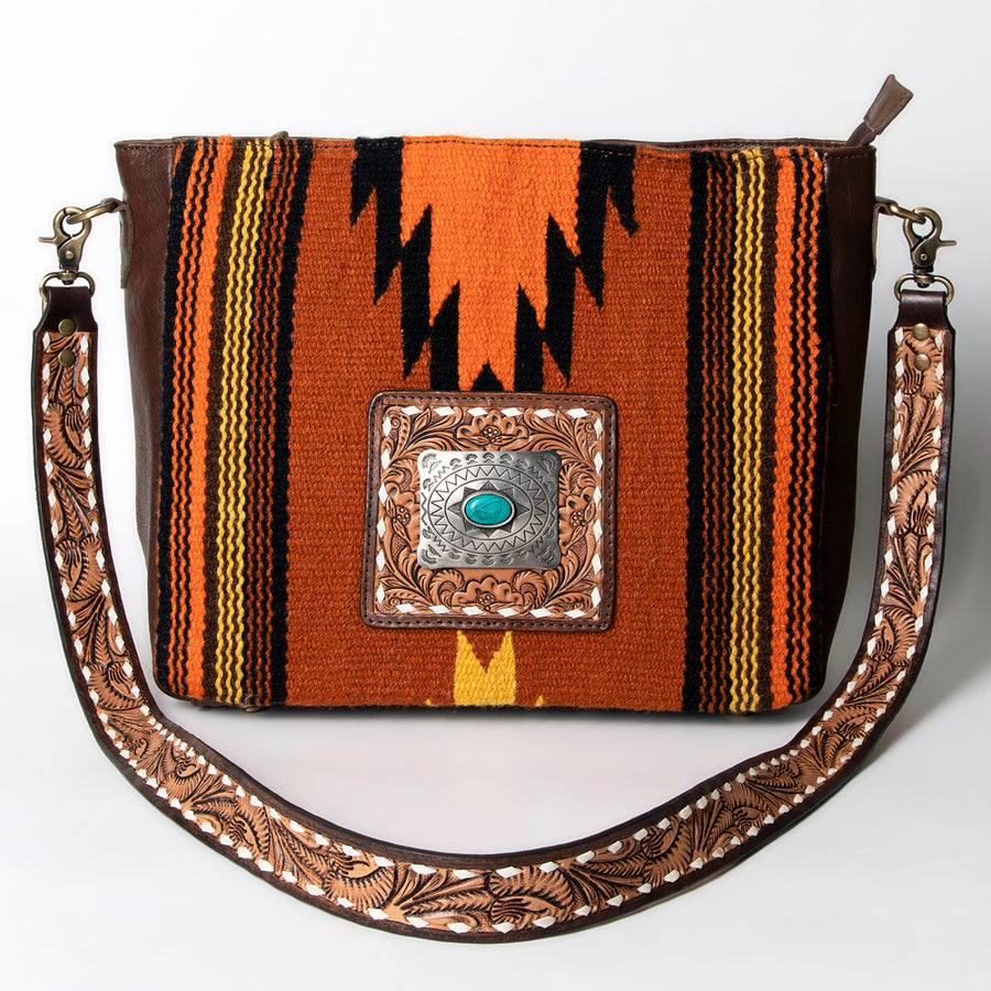 American Darling Large Cross body Bag for Women - Hand Tooled Leather, Hand Woven Saddle Blanket & Turquoise Concho Crossbody