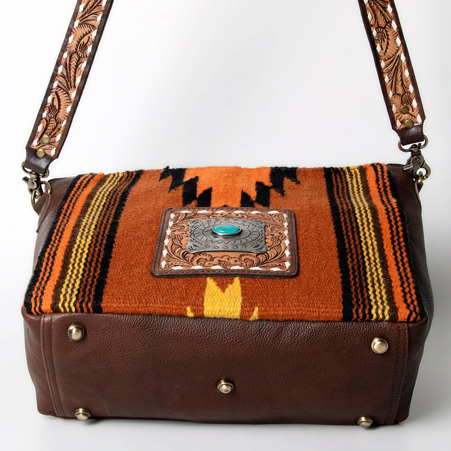 American Darling Large Cross body Bag for Women - Hand Tooled Leather, Hand Woven Saddle Blanket & Turquoise Concho Crossbody