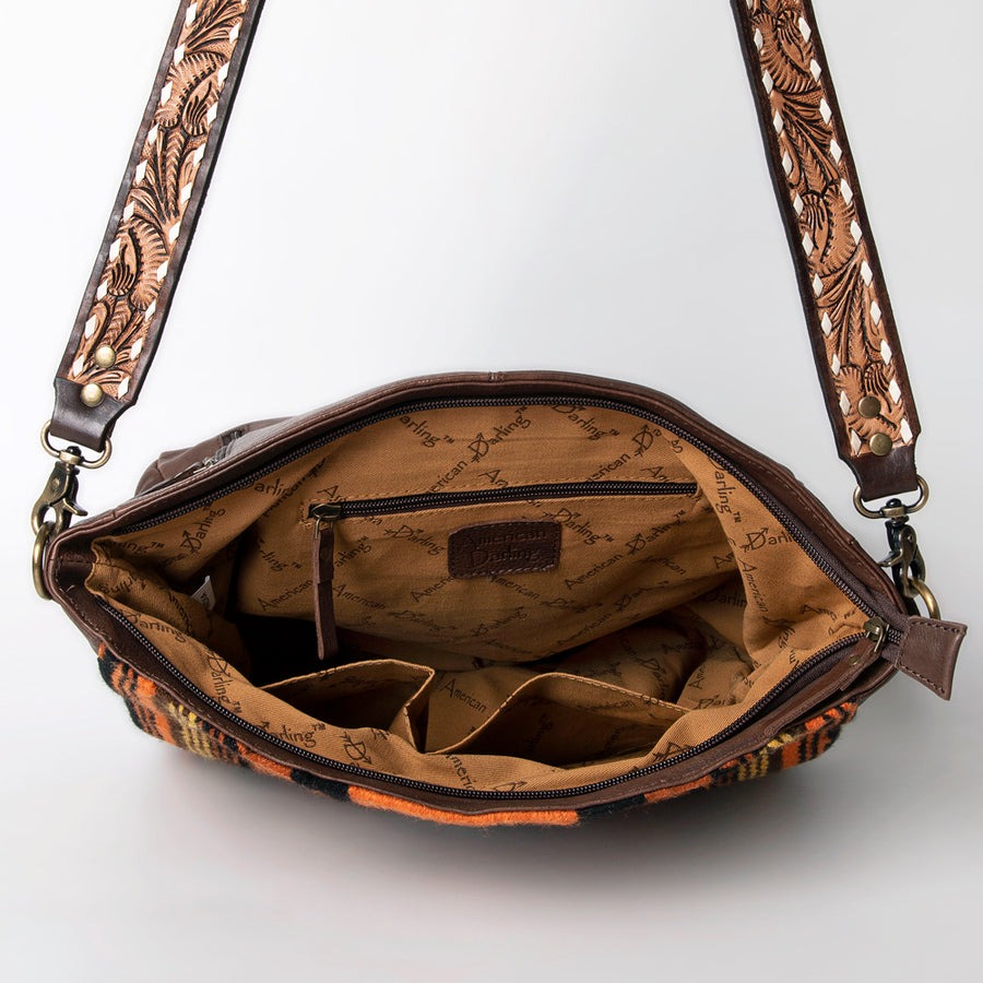American Darling Large Cross body Bag for Women - Hand Tooled Leather, Hand Woven Saddle Blanket & Turquoise Concho Crossbody