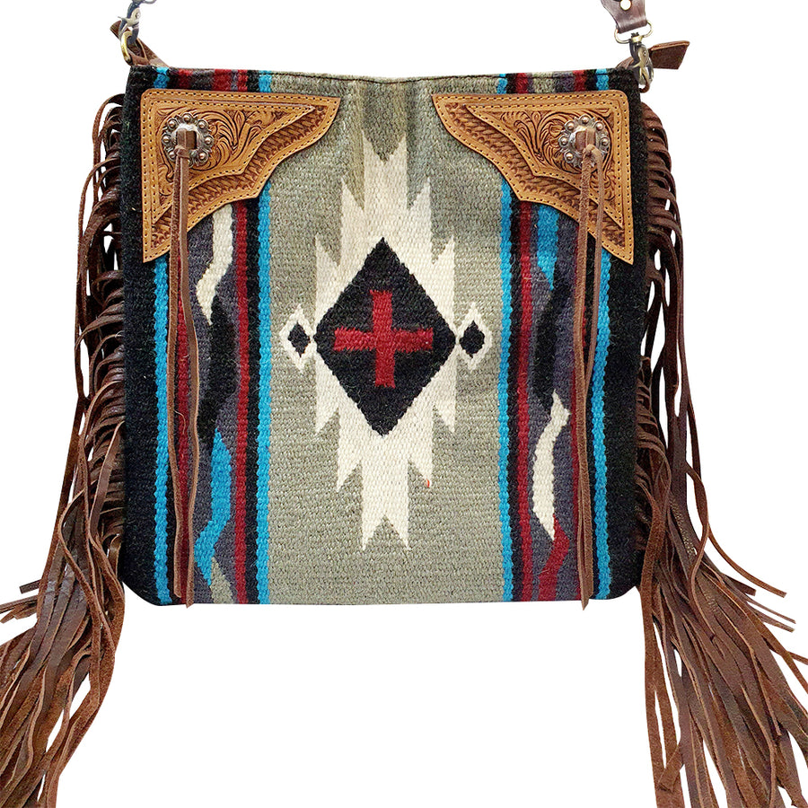 Wool shoulder bag with leather fringe and tooled corners - Uhorse