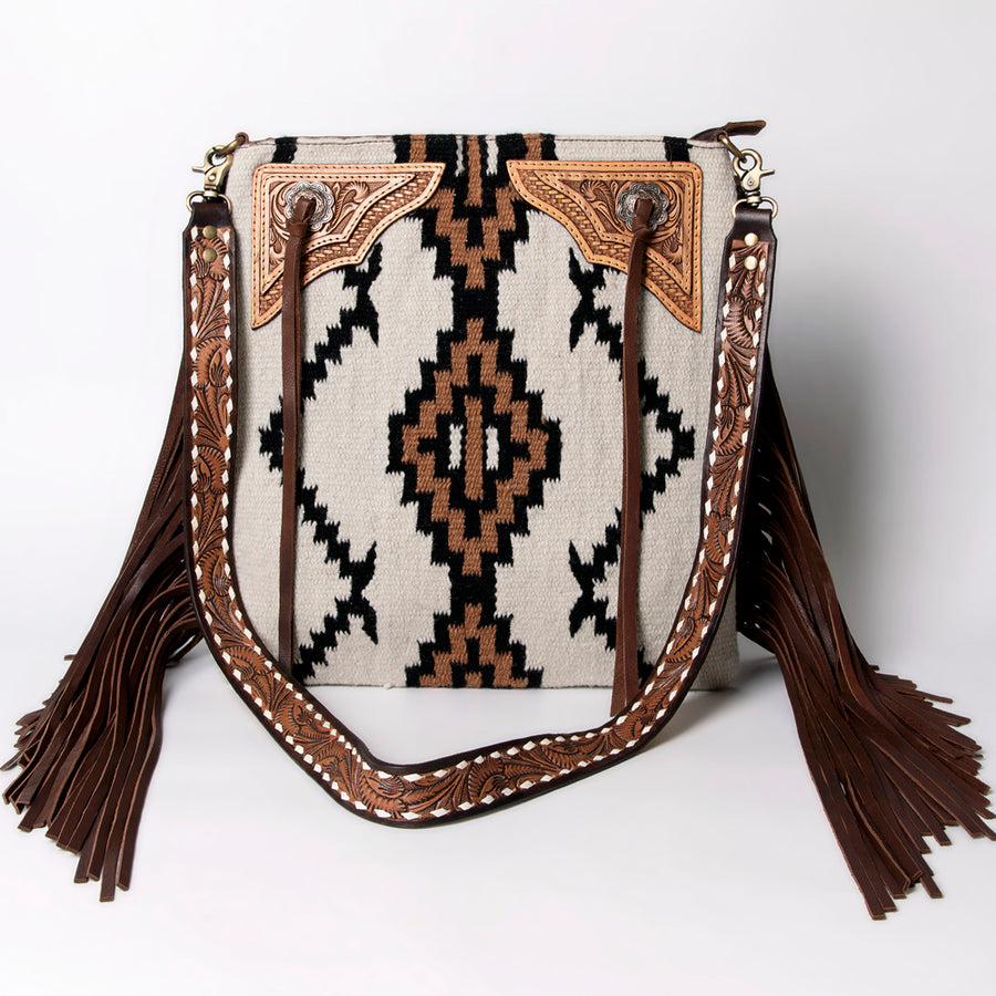 American Darling Large Cross body Bag for Women - Hand Woven Saddle Blanket, Hand Tooled Leather & Fringes