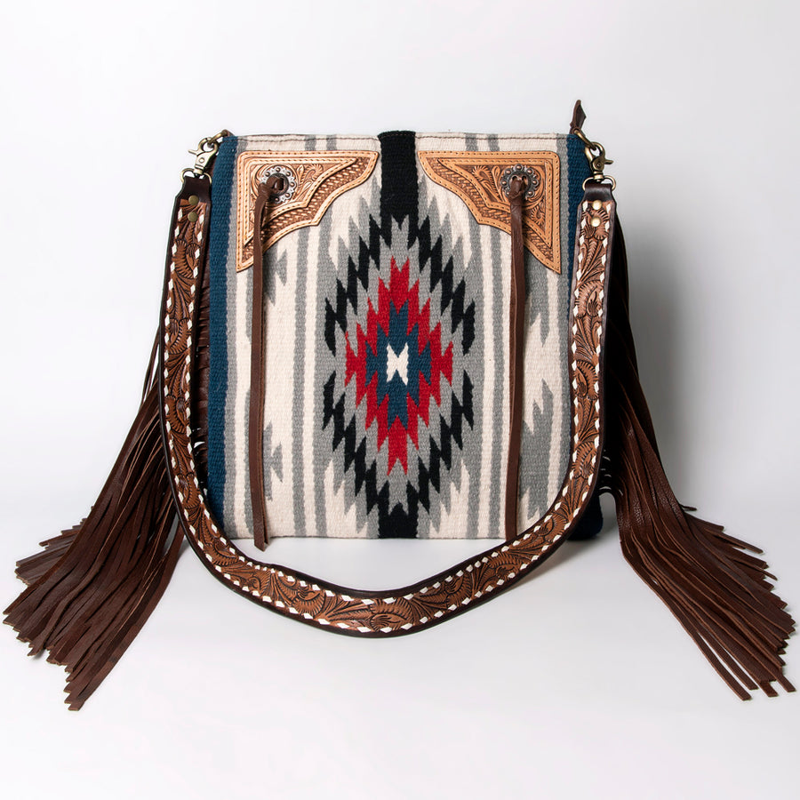American Darling Large Cross body Bag for Women - Hand Woven Saddle Blanket, Hand Tooled Leather & Fringes