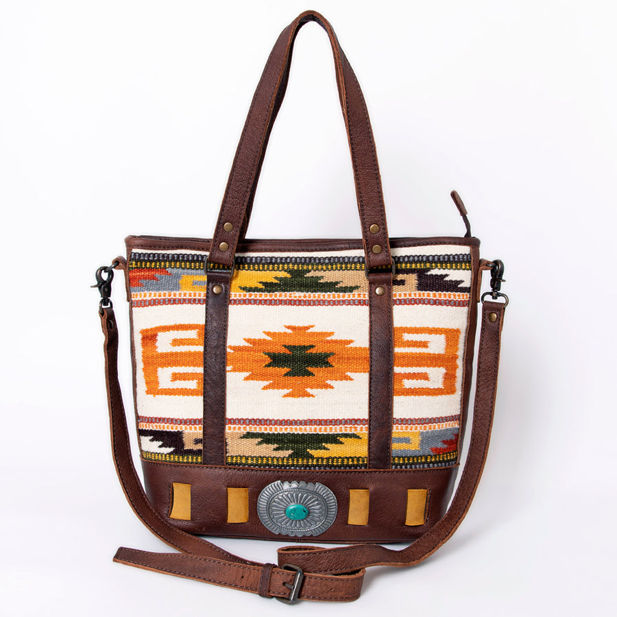 American Darling Western Tote Bag Genuine Leather Hand Woven Saddle Blanket Turquoise Concho Handbag 13in x 15in x 3.5in