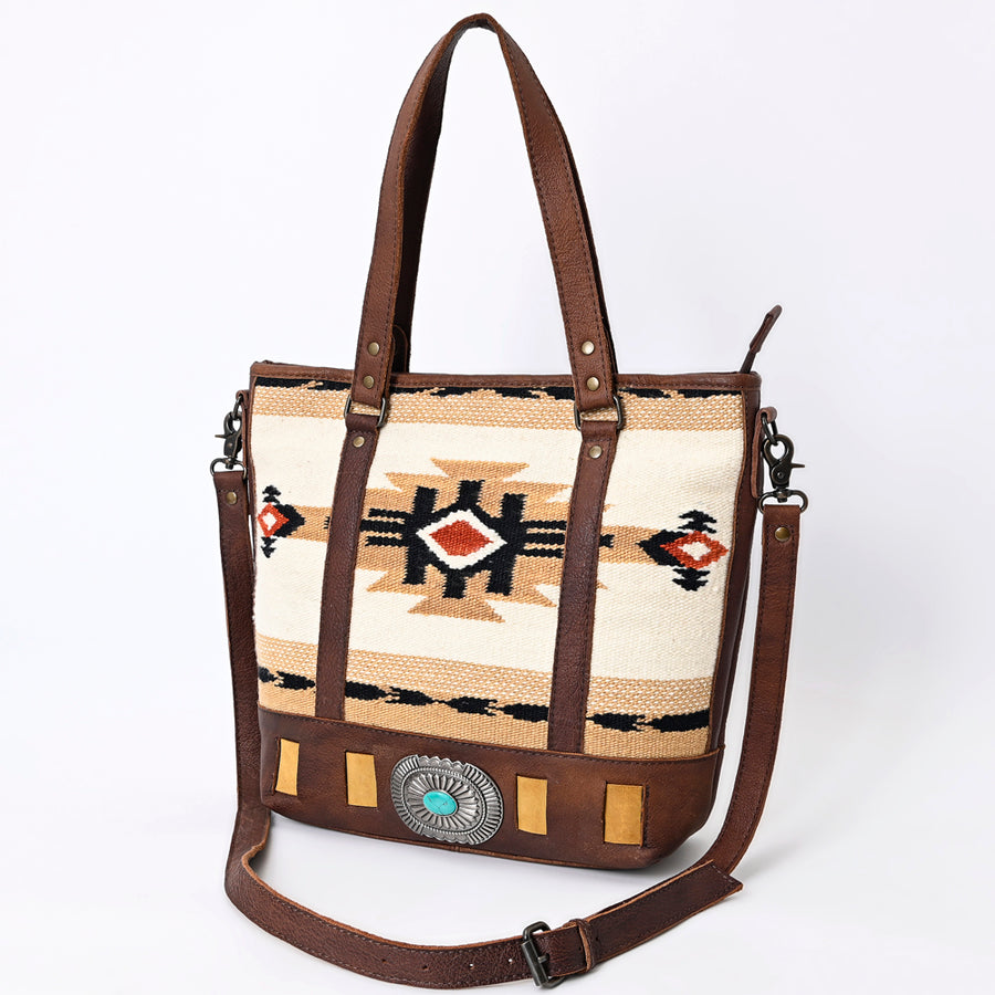 American Darling Western Leather Tote Bag with Turquoise Concho and Hand Woven Saddle Blanket - Uhorse