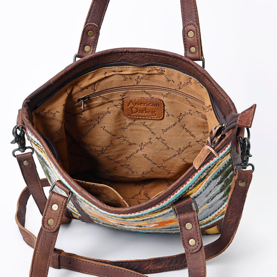 American Darling Western Tote Bag Genuine Leather Hand Woven Saddle Blanket Turquoise Concho Handbag 13in x 15in x 3.5in