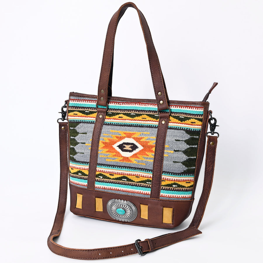 American Darling Western Leather Tote Bag with Turquoise Concho and Hand Woven Saddle Blanket - Uhorse