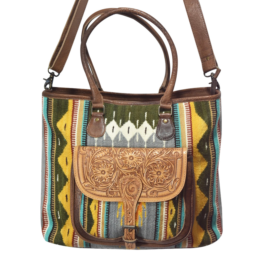 American Darling Western Tote Bag with Hand Tooled Floral and Hand-Woven Saddle Blanket - Uhorse