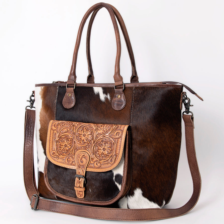 American Darling Tote Bag Genuine Leather Hand Tooled Floral Hand-Woven Saddle Blanket Western Handbag 15in x 17in x 5in