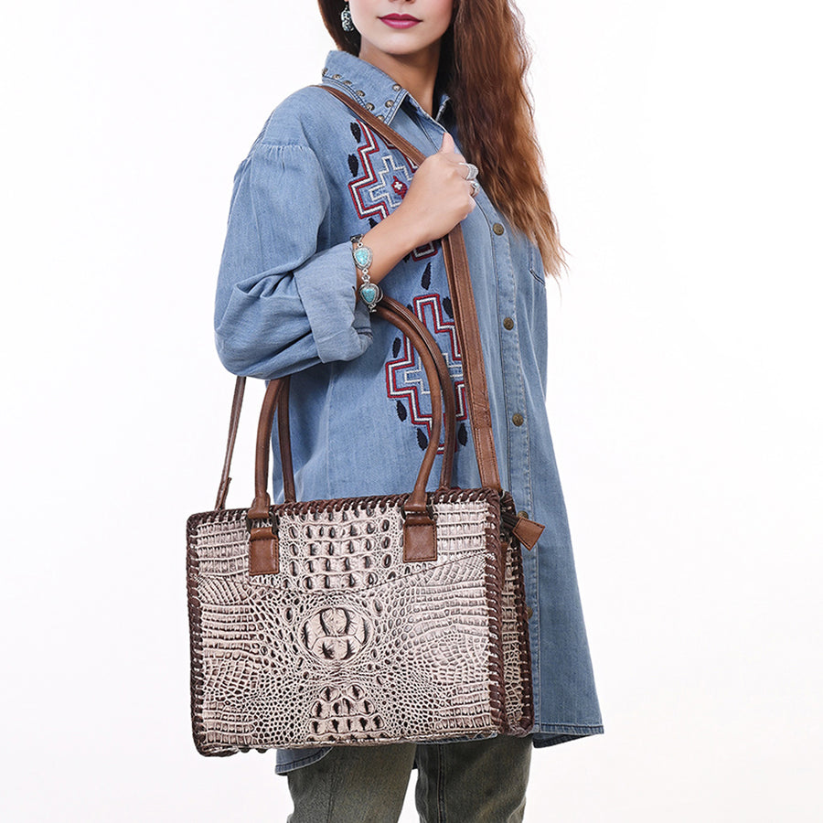 American Darling Tote Bag, Crocodile Embossed Genuine Leather, Braided Western Handbag for Women, Vegetable Tanned Leather