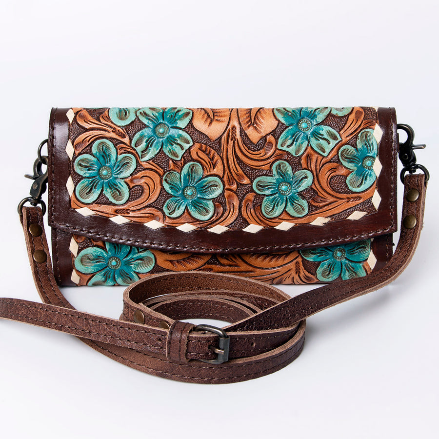 American Darling Wallet, Hand Tooled Genuine Vegetable-Tanned Leather, Western Handcrafted Tooled Crossbody Wallet for Women