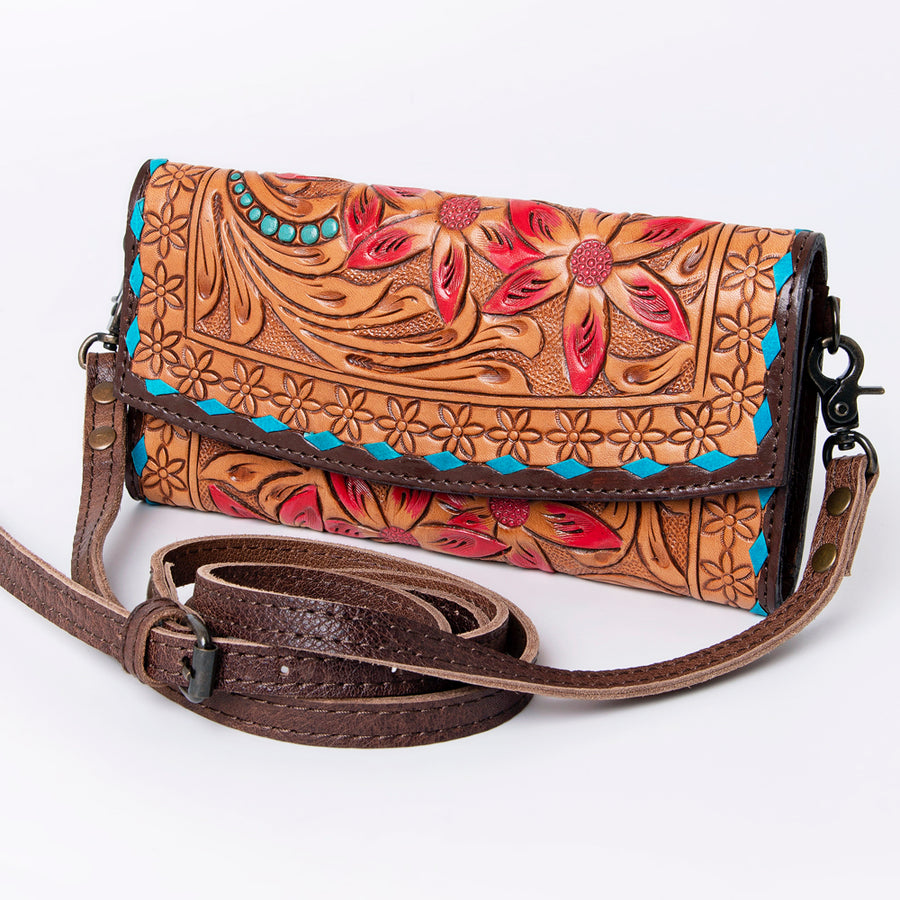American Darling Wallet, Hand Tooled Genuine Vegetable-Tanned Leather, Western Handcrafted Tooled Crossbody Wallet for Women