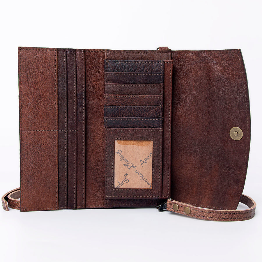 American Darling Wallet, Hand Tooled Genuine Vegetable-Tanned Leather, Western Handcrafted Tooled Crossbody Wallet for Women