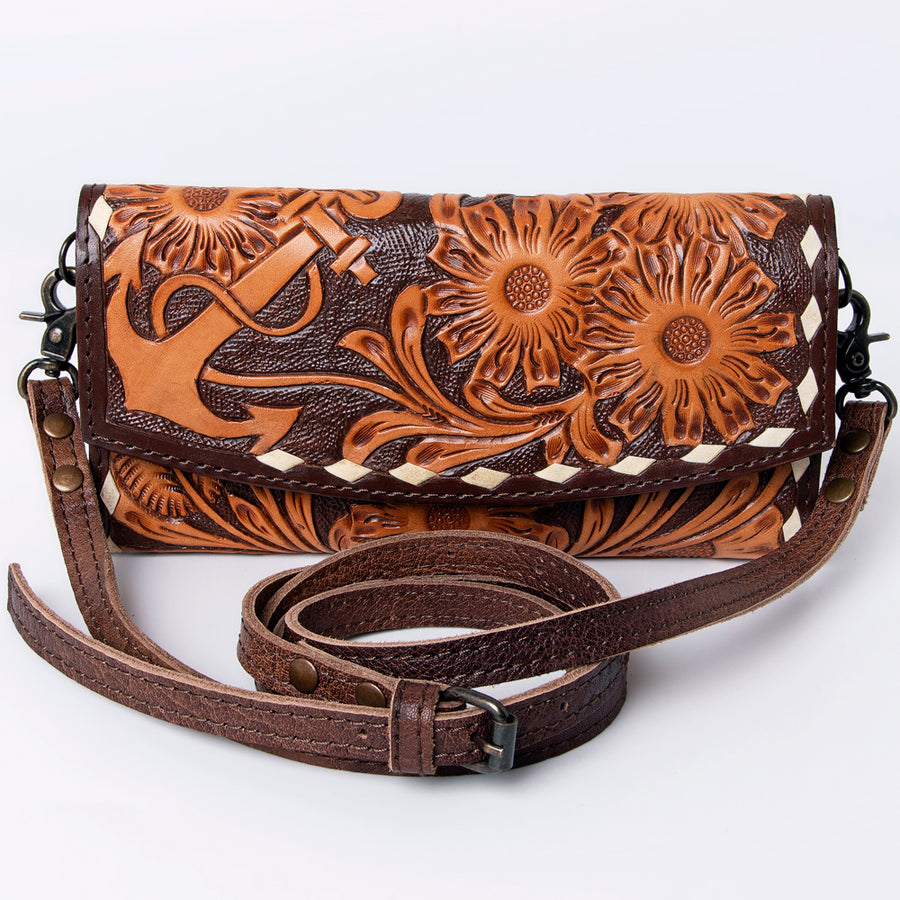 American Darling Wallet, Hand Tooled Genuine Vegetable-Tanned Leather, Western Handcrafted Tooled Crossbody Wallet for Women