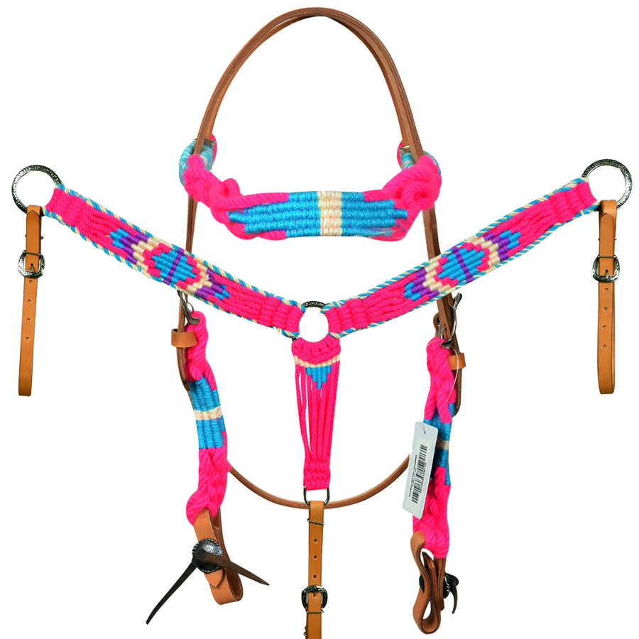 HILASON Western Wool Headstall & Breast Collar Tack Set Turquoise Pink | Leather for Horses