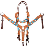 HILASON Cactus Western Wool Breast Collar Headstall Set Tack Set Blue & Brown