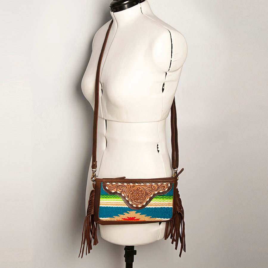 American Darling Women's Hand Tooled Floral Carved Leather Small Cross body Bag with Hand Woven Saddle Blanket and Fringes