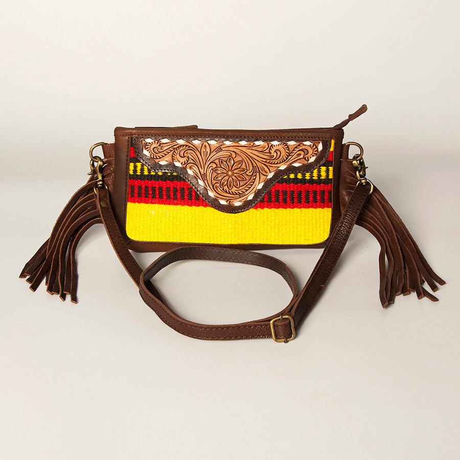 American Darling Women's Hand Tooled Floral Carved Leather Small Cross body Bag with Hand Woven Saddle Blanket and Fringes