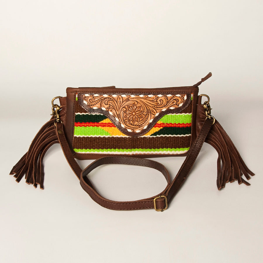 American Darling Women's Hand Tooled Floral Carved Leather Small Cross body Bag with Hand Woven Saddle Blanket and Fringes