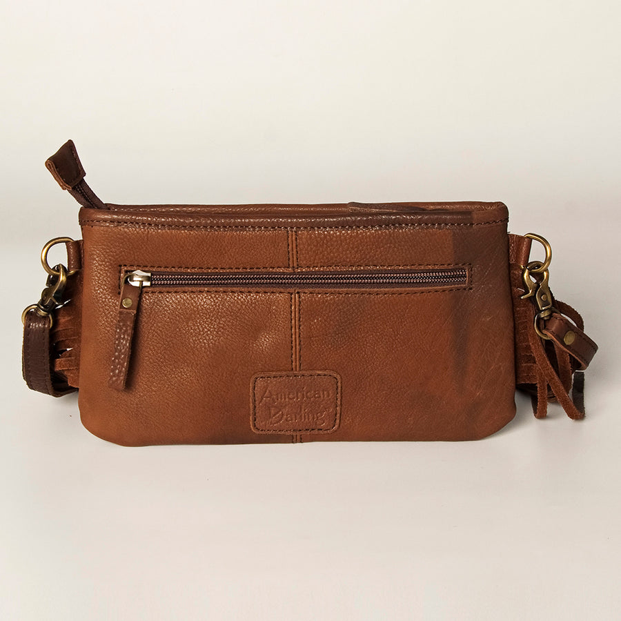 American Darling Women's Hand Tooled Floral Carved Leather Small Cross body Bag with Hand Woven Saddle Blanket and Fringes