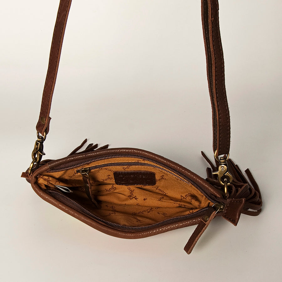 American Darling Women's Hand Tooled Floral Carved Leather Small Cross body Bag with Hand Woven Saddle Blanket and Fringes