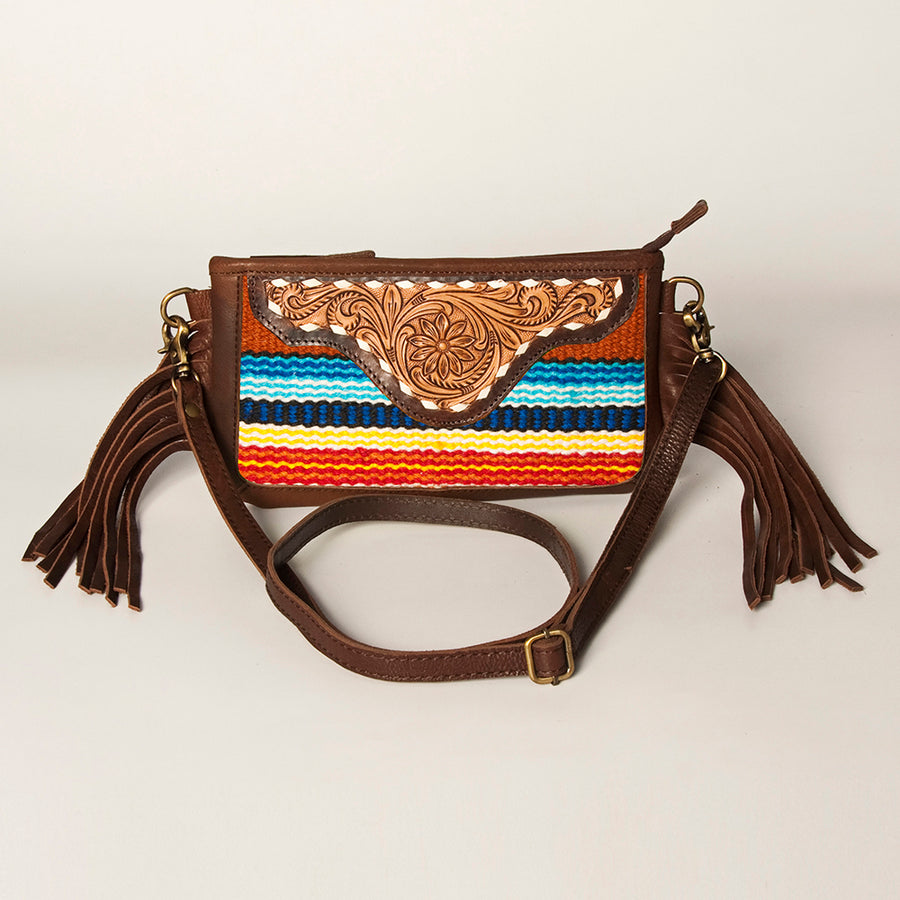 American Darling Women's Hand Tooled Floral Carved Leather Small Cross body Bag with Hand Woven Saddle Blanket and Fringes