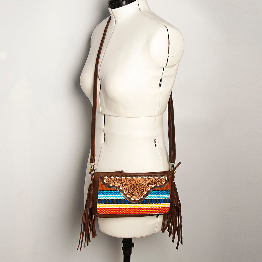 American Darling Women's Hand Tooled Floral Carved Leather Small Cross body Bag with Hand Woven Saddle Blanket and Fringes
