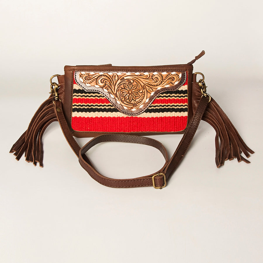 American Darling Women's Hand Tooled Floral Carved Leather Small Cross body Bag with Hand Woven Saddle Blanket and Fringes