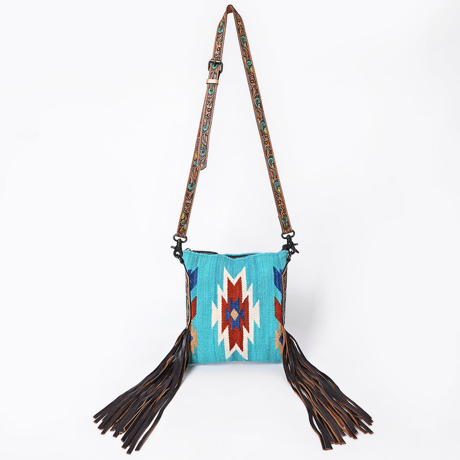 American Darling Large Cross body Bag, Hand-Woven Saddle Blanket & Hand Tooled Leather with Fringes, Western Handcrafted Purse