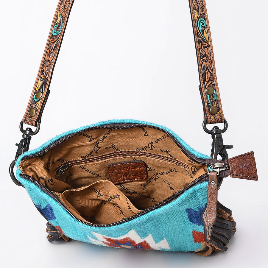 American Darling Large Cross body Bag, Hand-Woven Saddle Blanket & Hand Tooled Leather with Fringes, Western Handcrafted Purse
