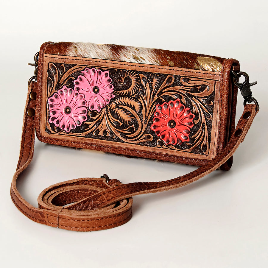 American Darling Hand Tooled Floral and Hair-On Cowhide Western Wallet Bag - Uhorse