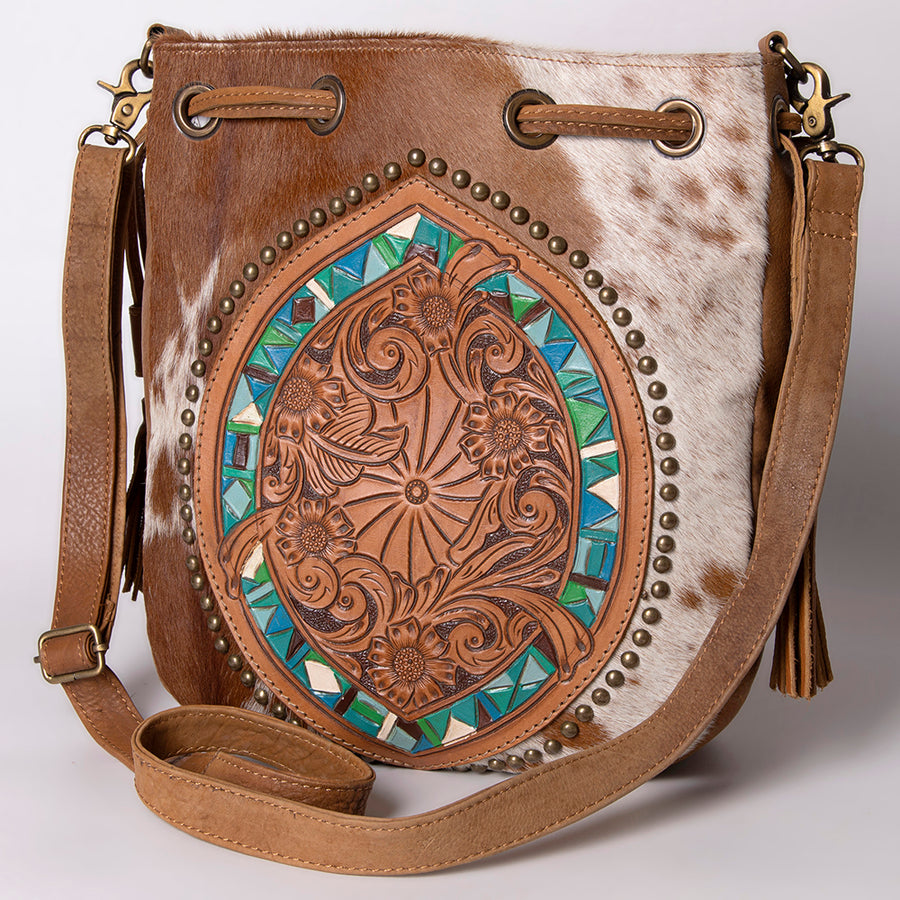 American Darling Hand Tooled Floral Bucket Bag - Hair-On Cowhide Western Leather Purse - Uhorse
