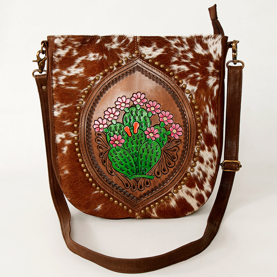 American Darling Large Cross body Bag Hand Tooled Floral Cactus Leather & Hair-On Cowhide Western Purse 14in x 12in