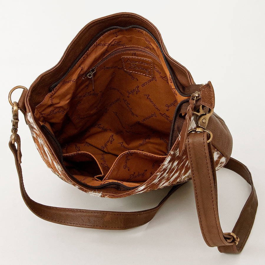 American Darling Large Cross body Bag Hand Tooled Floral Cactus Leather & Hair-On Cowhide Western Purse 14in x 12in