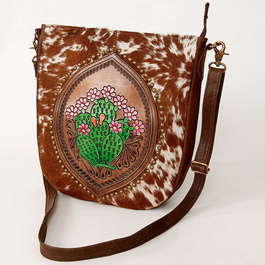 American Darling Hand Tooled Large Cross body Bag - Hair-On Cowhide Western Leather - Uhorse