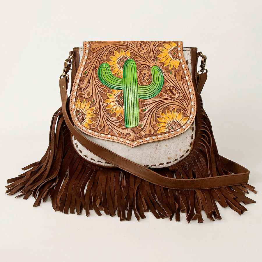 American Darling Messenger Bag Hand Tooled Sunflower Cactus Leather with Fringes Western Crossbody 11.5in x 11.5in