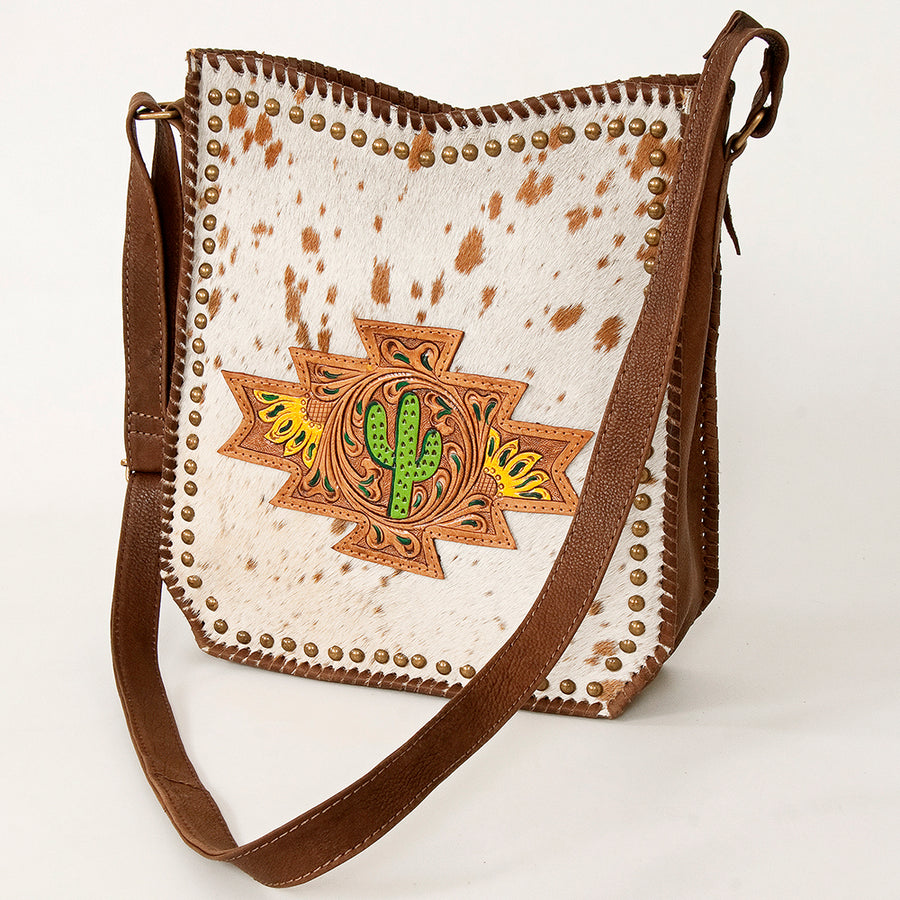 American Darling Hand Tooled Large Cross body Bag - Hair-On Cowhide Western Leather Purse - Hilason