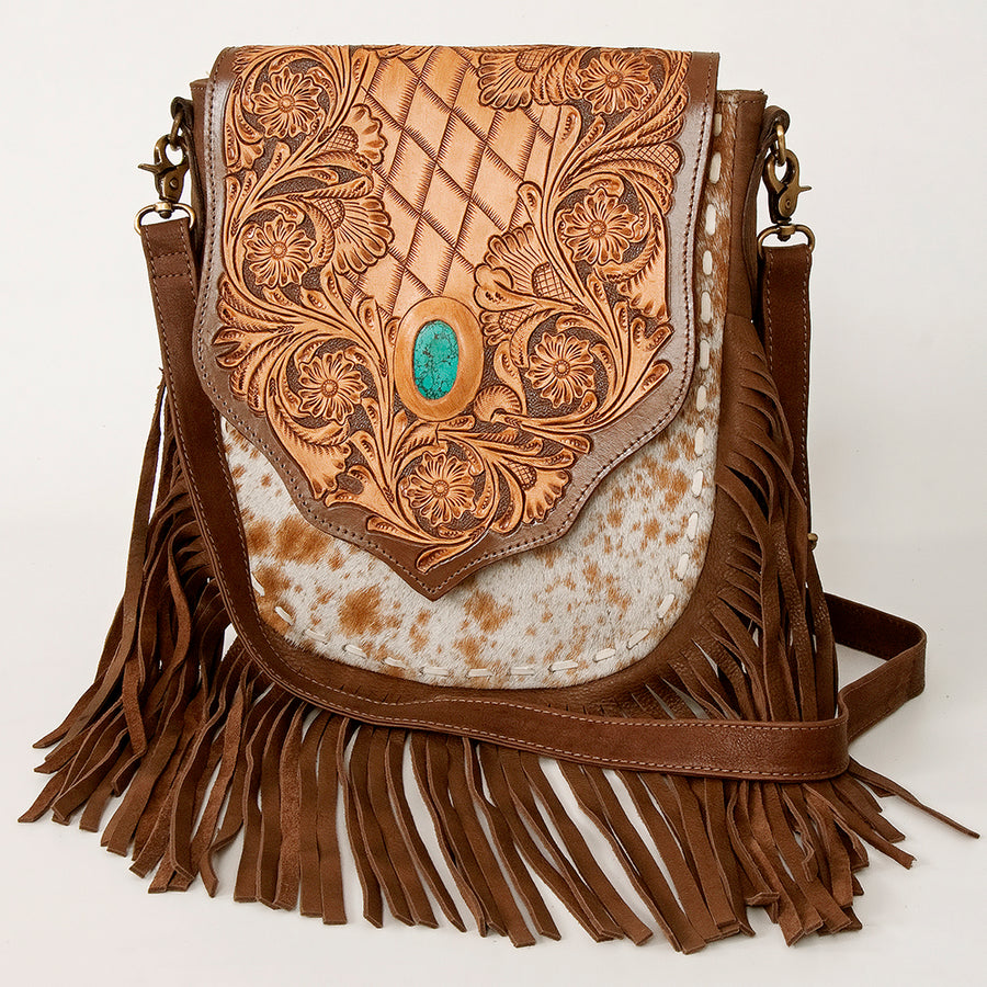 American Darling Messenger Bag Hand Tooled Floral Leather Turquoise Stone Hair-On Cowhide Fringed Bag 12in x 11in