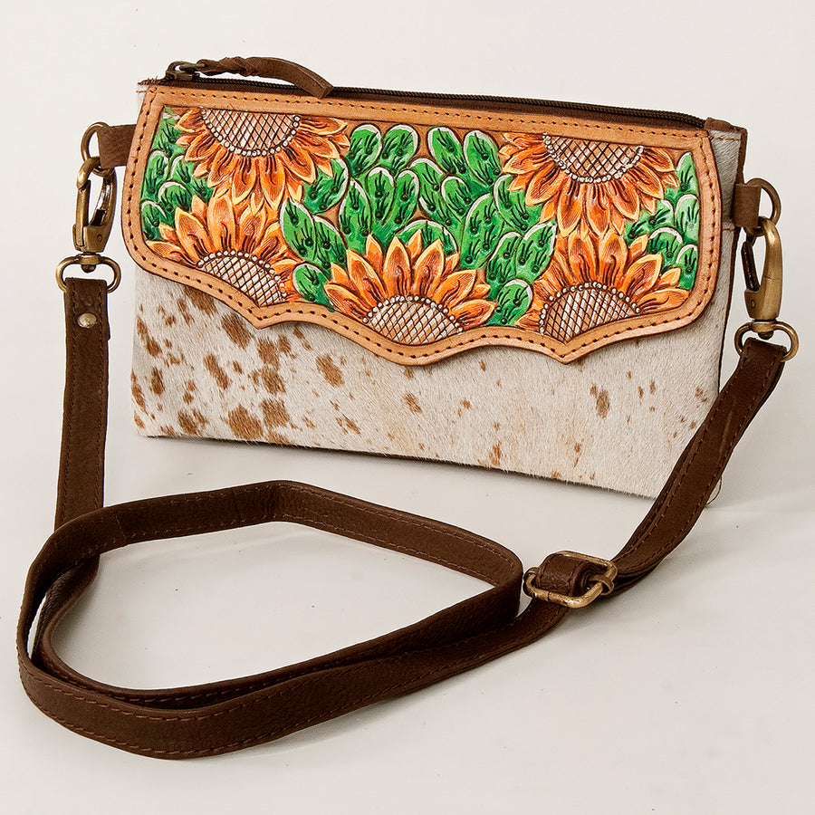 American Darling Hand Tooled Sunflower Small Cross body Bag - Cowhide Western Leather Purse - Uhorse