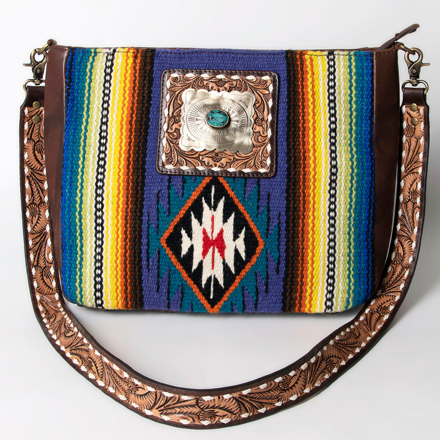 American Darling Large Cross body Bag Hand Woven Saddle Blanket Vegetable-Tanned Genuine Leather Floral Carved Buck Stitched Turquoise Concho