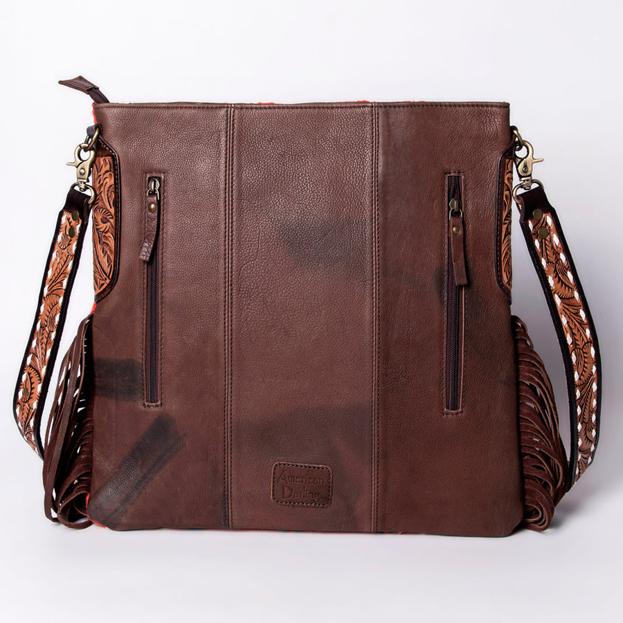 American Darling Large Cross body Bag Hand-Woven Saddle Blanket Vegetable-Tanned Genuine Leather Fringes Turquoise Concho