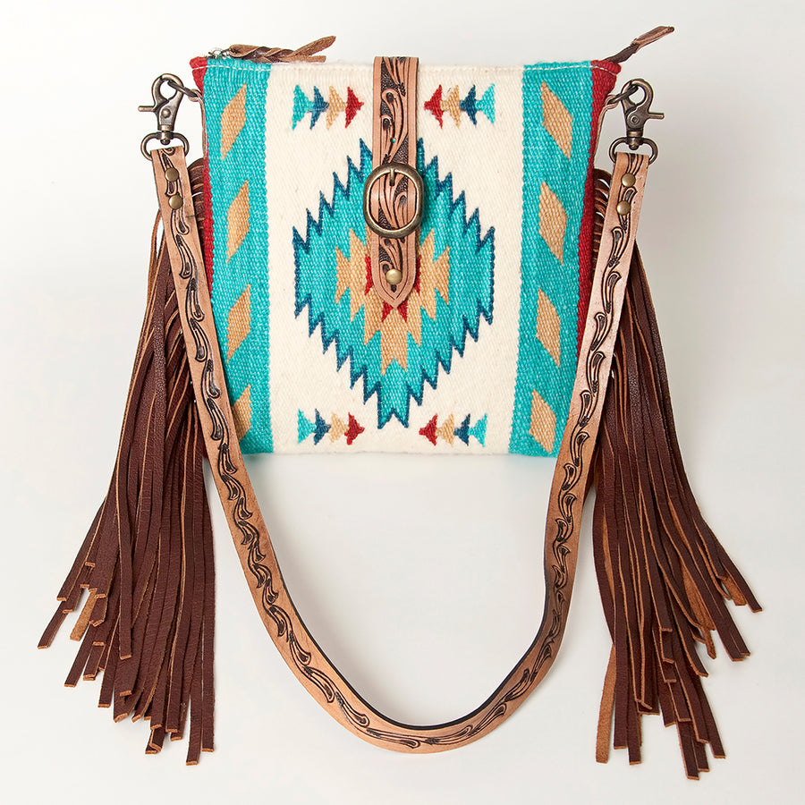 American Darling Hand Woven Saddle Blanket & Handcrafted Western Hand Tooled Cross body Bag, Genuine Vegetable-Tanned Leather