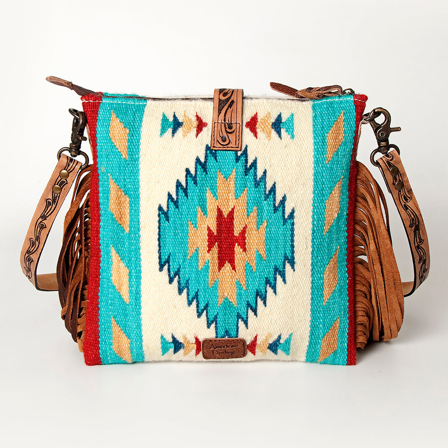 American Darling Hand Woven Saddle Blanket & Handcrafted Western Hand Tooled Cross body Bag, Genuine Vegetable-Tanned Leather