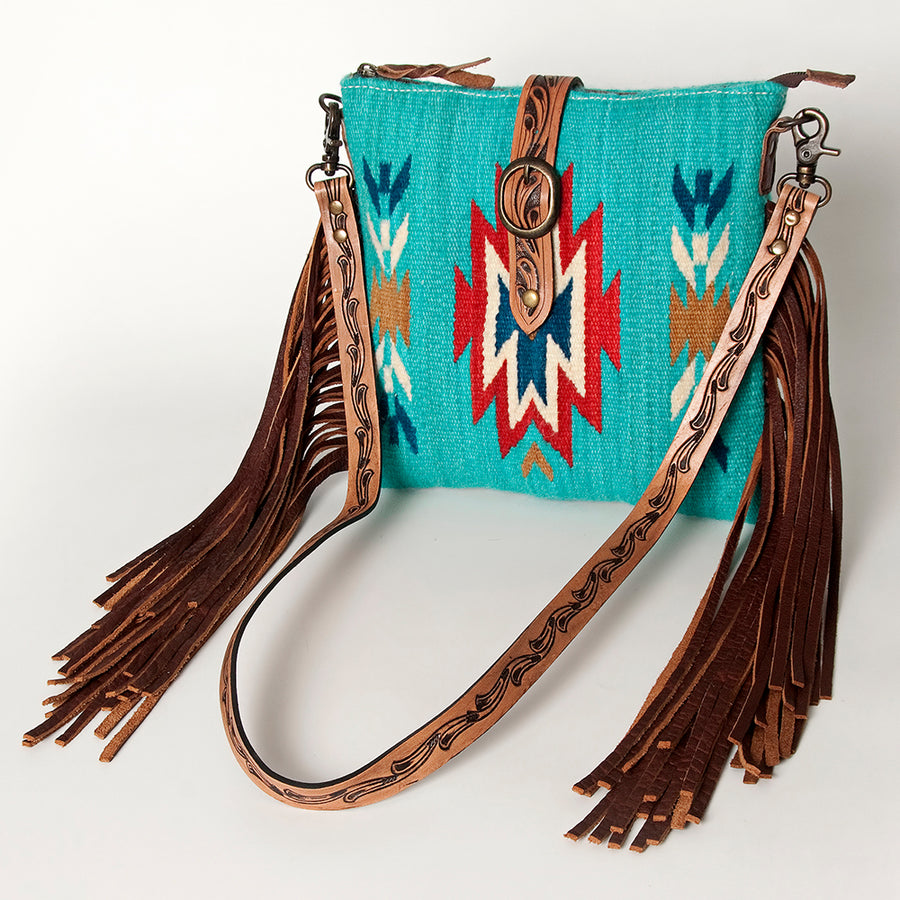 American Darling Hand Woven Saddle Blanket & Handcrafted Western Hand Tooled Cross body Bag, Genuine Vegetable-Tanned Leather