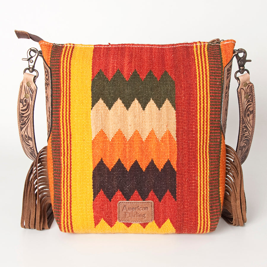 American Darling Cross body Bag Hand Woven Saddle Blanket Hand Tooled Western Leather Purse with Fringes 15in x 15in x 3in