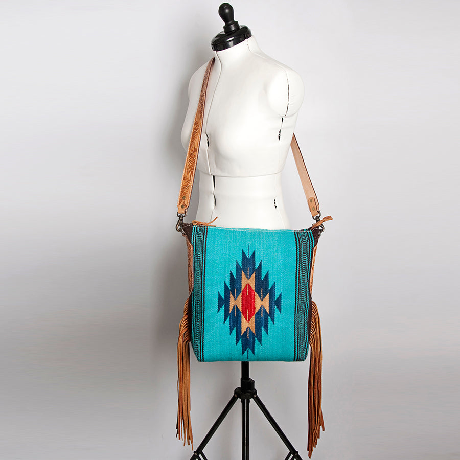 American Darling Cross body Bag Hand Woven Saddle Blanket Hand Tooled Western Leather Purse with Fringes 15in x 15in x 3in