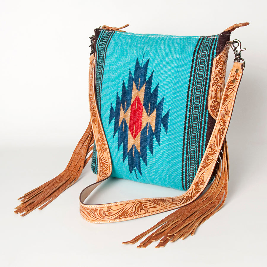 American Darling Hand Woven Saddle Blanket Western Leather Cross body Bag with Fringes - Uhorse