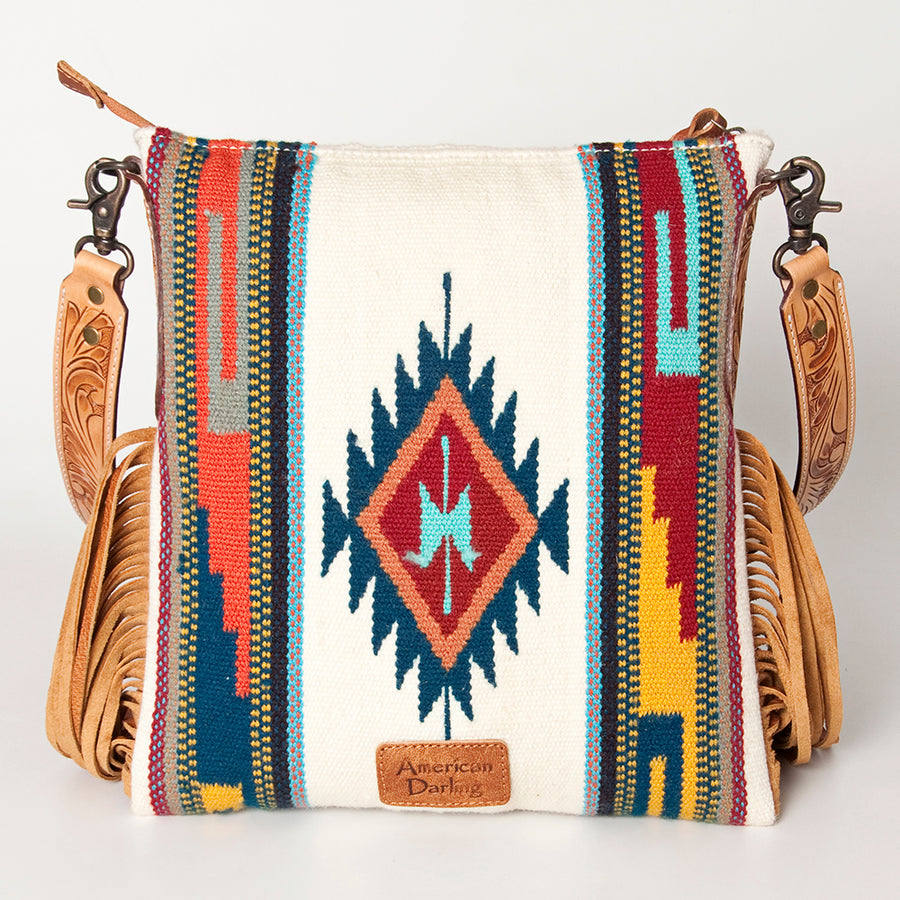 American Darling Cross body Bag Hand Woven Saddle Blanket Hand Tooled Western Leather Purse with Fringes 15in x 15in x 3in
