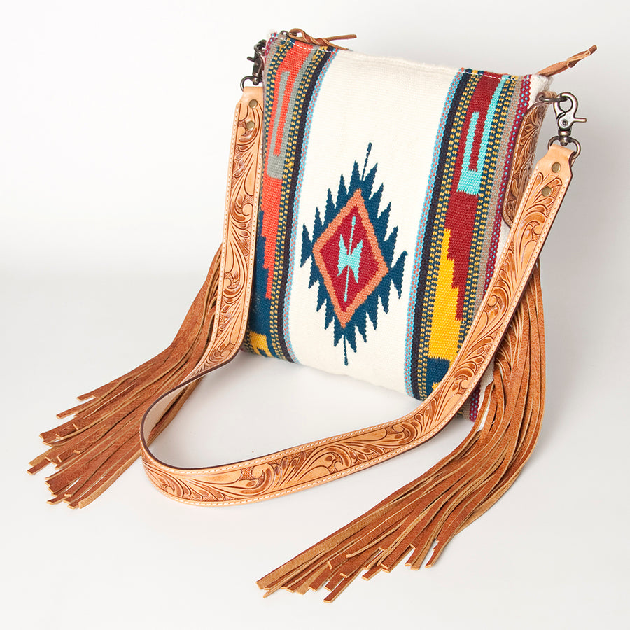 American Darling Hand Woven Saddle Blanket Western Leather Cross body Bag with Fringes - Uhorse